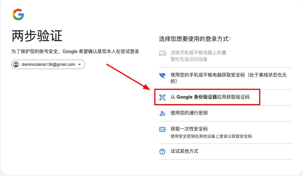 选择 Google 身份验证器