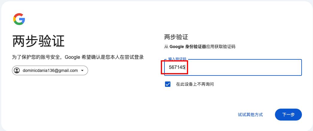 填写 Google 验证码